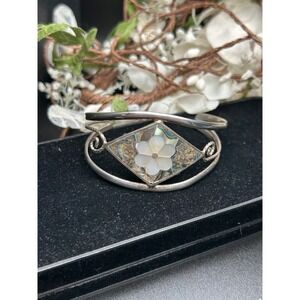 Vintage Alpaca Mexico Abalone Mother of Pearl Flower Cuff Bracelet Boho Artisan